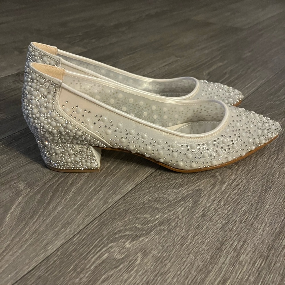 Pearl & Crystal Embellished White Low Block Heels